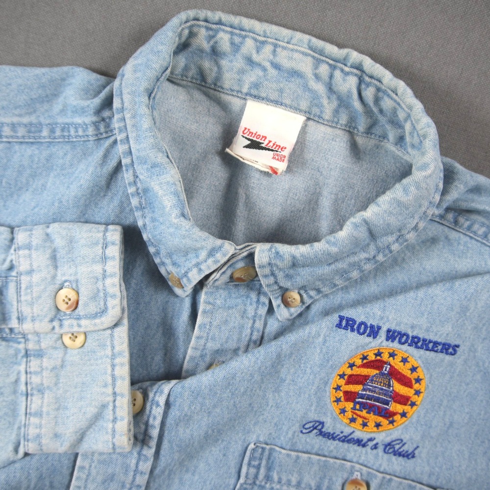 Vintage USA Union Line Iron Workers President's Club Men Denim Shirt XL Workwear